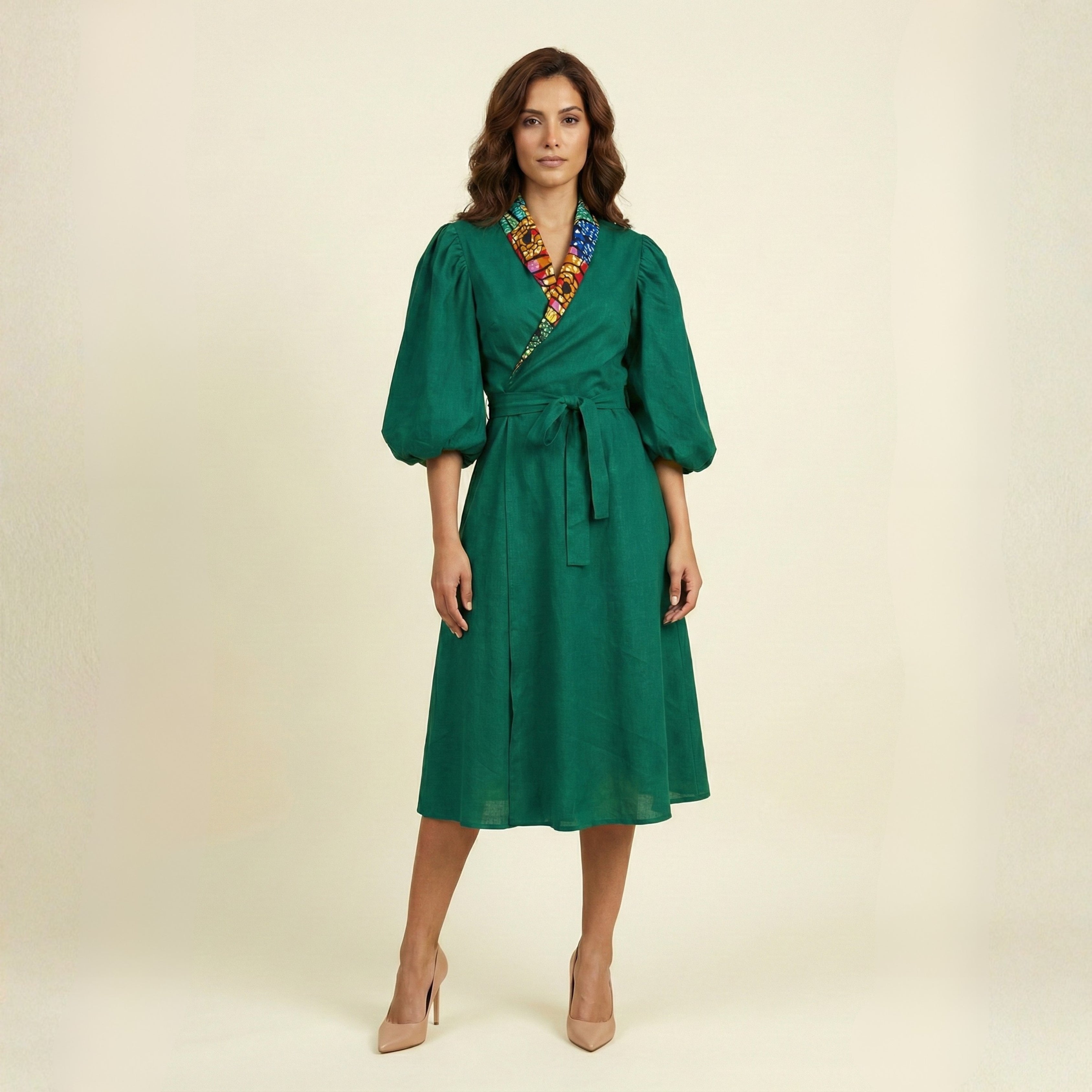 Green Linen Wrap Dress with Puff Sleeves