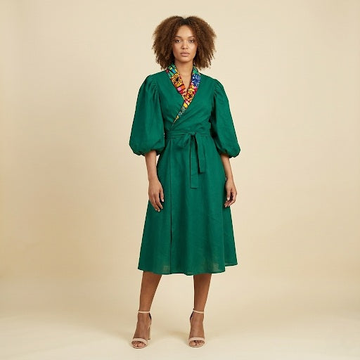 Green Linen Wrap Dress with Puff Sleeves