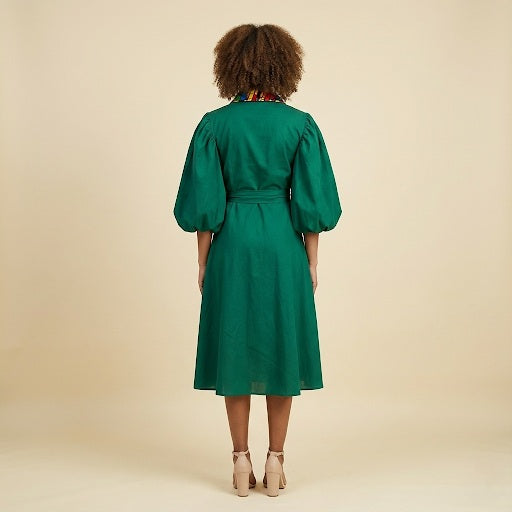 Green Linen Wrap Dress with Puff Sleeves