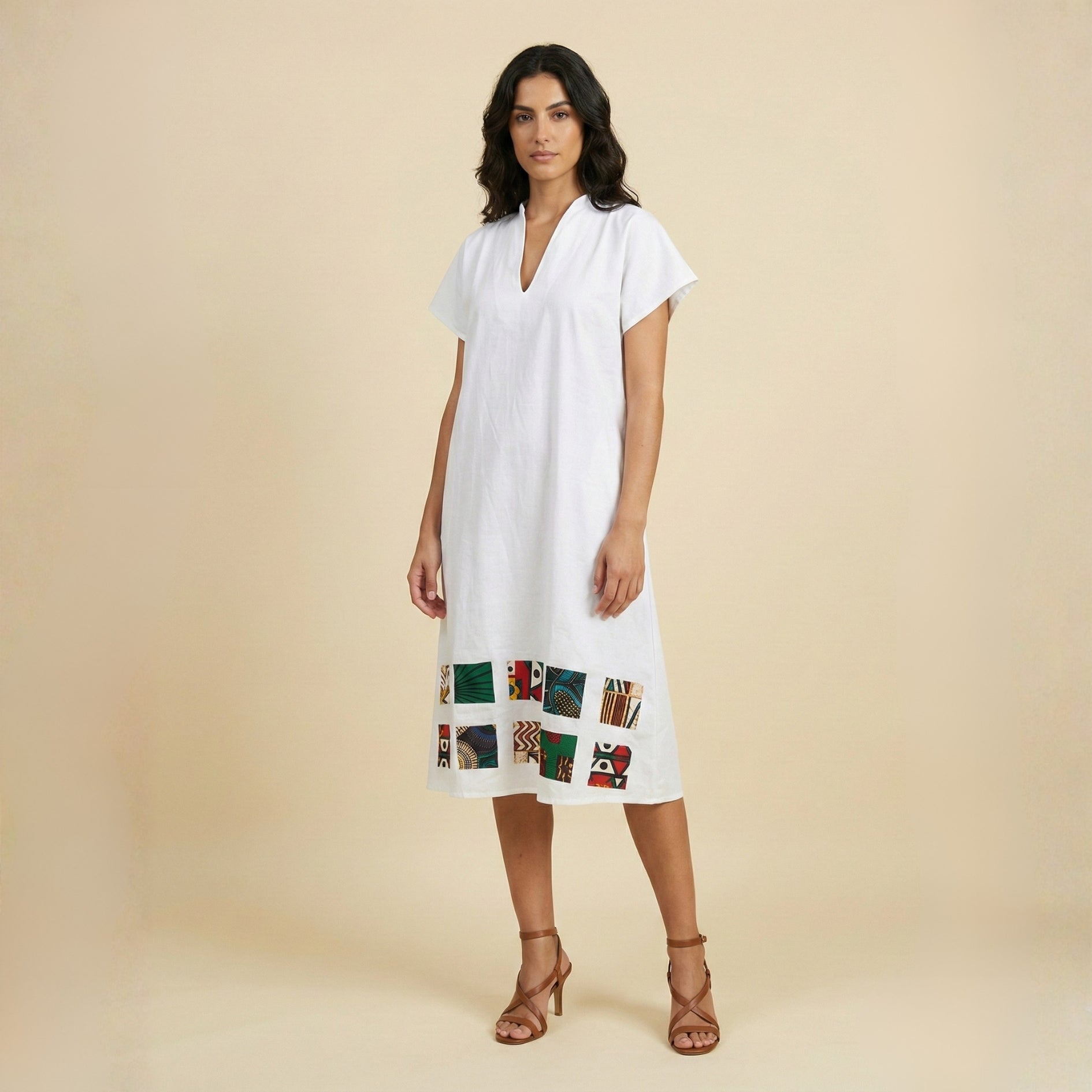 White twill dress with printed back.