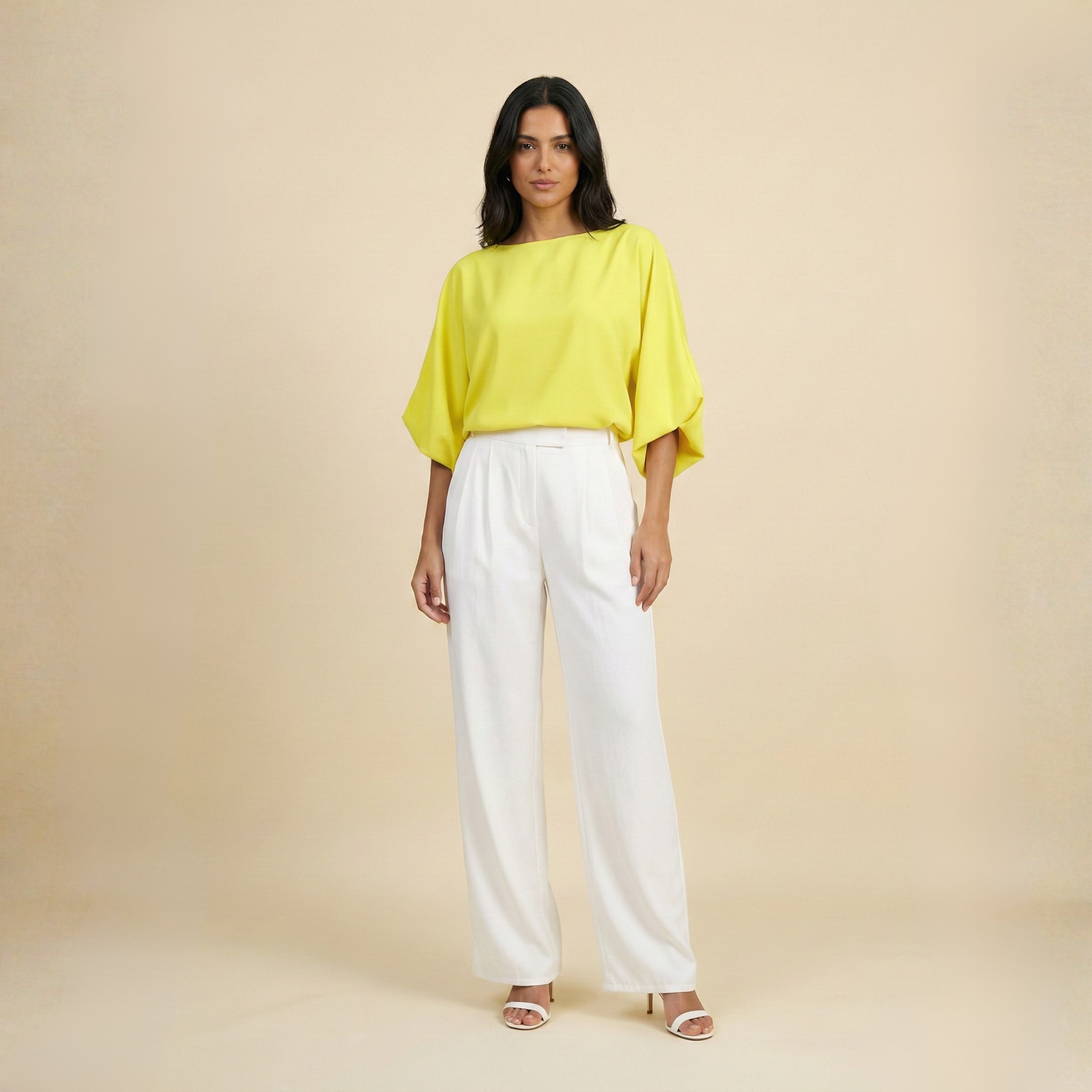 White wide-leg pants and flowy sun-kissed top set.