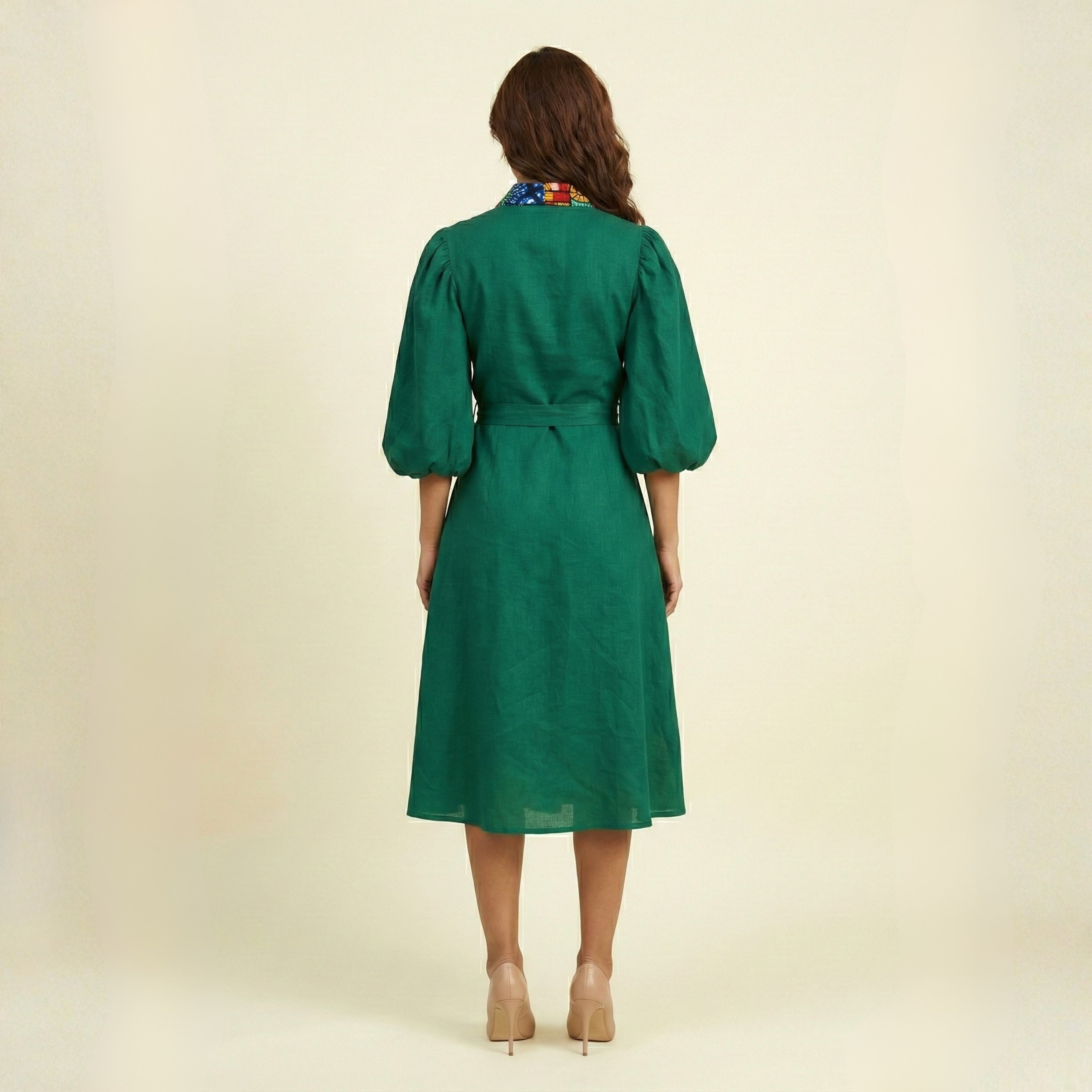 Green Linen Wrap Dress with Puff Sleeves