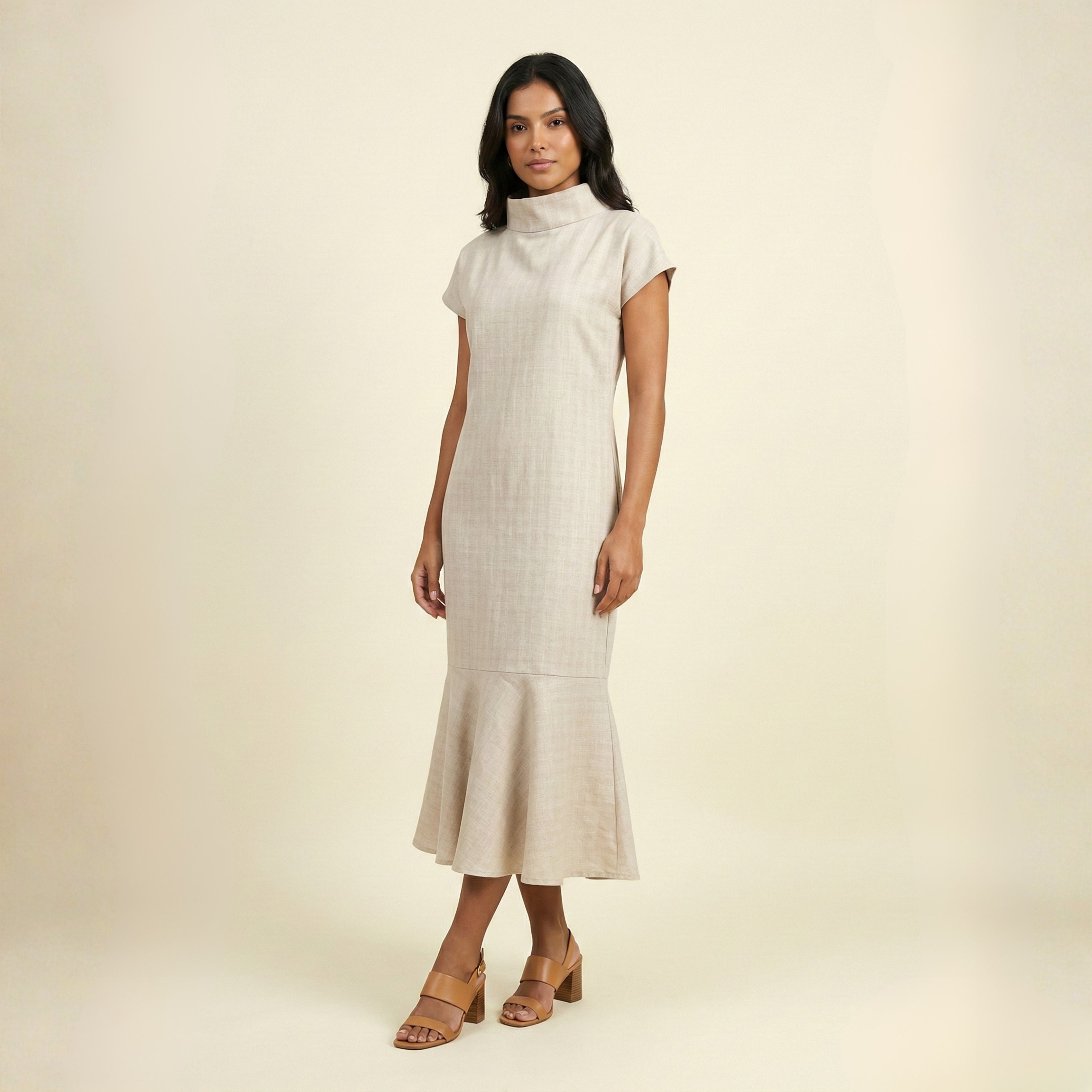 High-neck dress with tie closure.